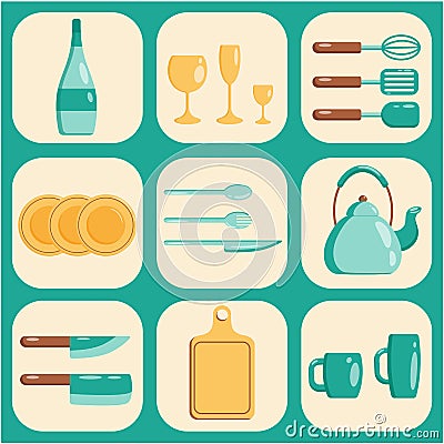 Kitchen tools set icon. Vector flat illustration Kitchenware collection. Cooking tools, utensils, cutlery Vector Illustration