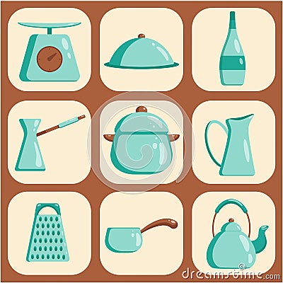 Kitchen tools set icon. Vector flat illustration Kitchenware collection. Cooking tools, utensils, cutlery Vector Illustration