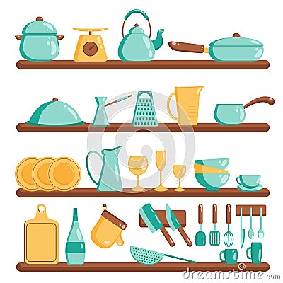 Kitchen tools set. Vector flat illustration Kitchenware collection. Cooking tools, utensils, cutlery isolated on white background Vector Illustration