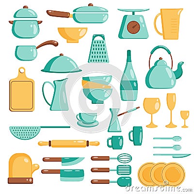 Kitchen tools set. Vector flat illustration Kitchenware collection. Cooking tools, utensils, cutlery isolated on white background Vector Illustration