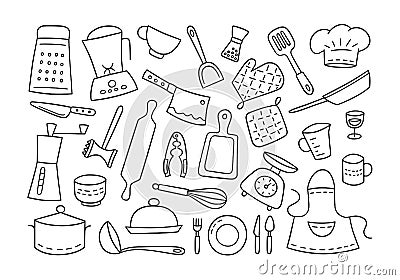 Kitchen tools and tableware. Cook. Hand drawn. Vector Illustration