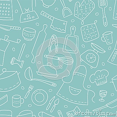 Kitchen tools and tableware. Cook. Seamless pattern. Hand drawn vector illustration Vector Illustration