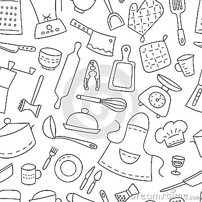 Kitchen tools and tableware. Cook. Seamless pattern. Hand drawn vector illustration Vector Illustration