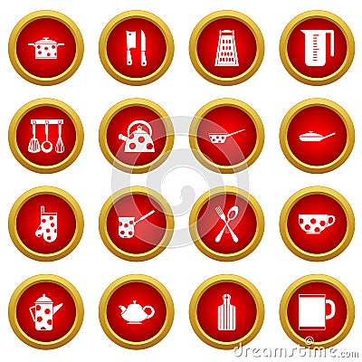 Kitchen tools and utensils icon red circle set Vector Illustration