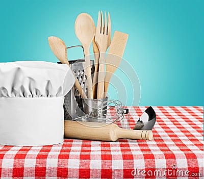 Kitchen Utensil with cook Hat isolated on Stock Photo