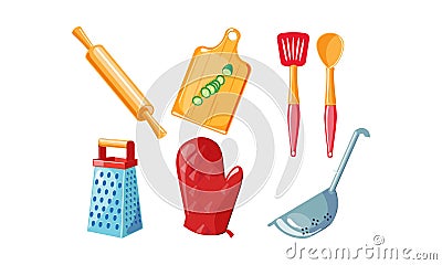 Kitchen utensil set, rolling pin, cutting board, grater, red mitten, colander vector Illustration on a white background Vector Illustration