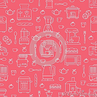 Kitchen utensil, small appliances red seamless pattern with flat line icons. Background with household cooking tools - Vector Illustration