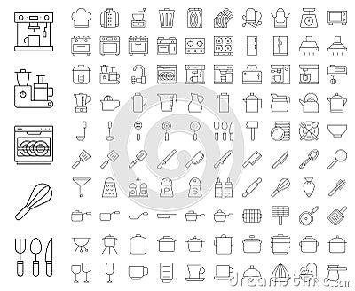 Kitchen utensils, bakery equipments, chef uniform and home appliance 100 icons, drawing on grid system, thin line icon set Vector Illustration