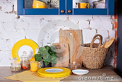 Kitchen utensils, concept of home decor kitchen. Modern kitchen with cooking utensils and clean dishware. Kitchen tools, cutting b Stock Photo