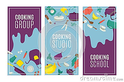 Kitchen utensils and cooking banners set, vector illustration. Food and recipe kitchenware utensils, spices on table Vector Illustration