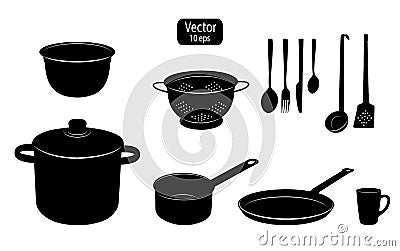 Kitchen utensils for cooking food. Silhouettes of kitchen tools. Cooking Pot and Pan. Templates for web, icons. Vector Vector Illustration