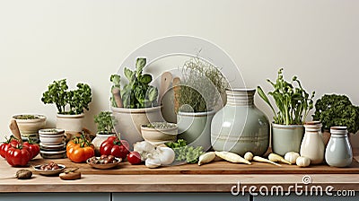 Kitchen utensils, cooking ingredients and kitchenware on white counter table Mock up. generative ai Stock Photo