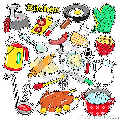 Kitchen Utensils Cooking Scrapbook Stickers Vector Illustration