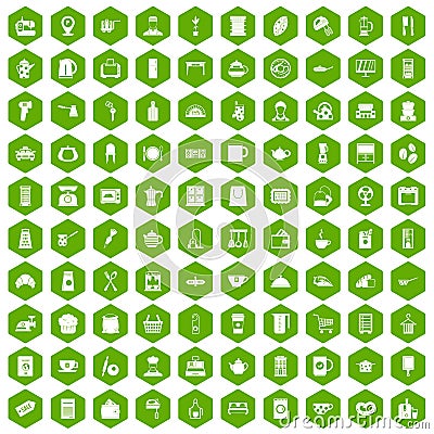 100 kitchen utensils icons hexagon green Vector Illustration