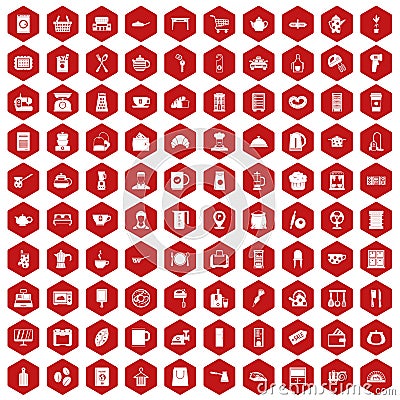 100 kitchen utensils icons hexagon red Vector Illustration