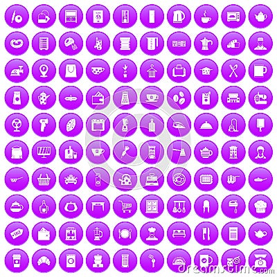 100 kitchen utensils icons set purple Vector Illustration