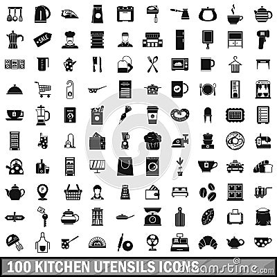 100 kitchen utensils icons set, simple style Vector Illustration