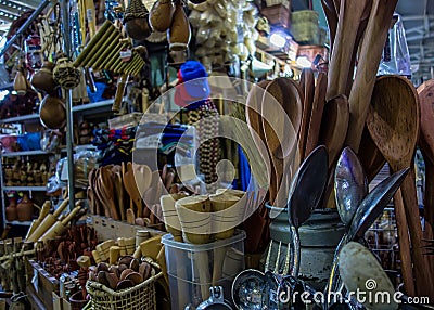 Kitchen utensils made of wood in popular municipal market in Brazil Editorial Stock Photo