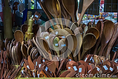 Kitchen utensils made of wood in popular municipal market in Brazil Editorial Stock Photo