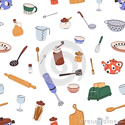 Kitchen utensils pattern. Seamless background design, kitchenware and cutlery. Cooking tools, tableware, cookware Cartoon Illustration