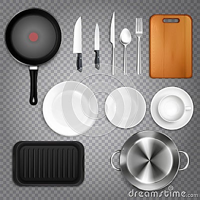Kitchen utensils realistic set top view with cutlery knives plates cutting board frying pan transparent Vector Illustration