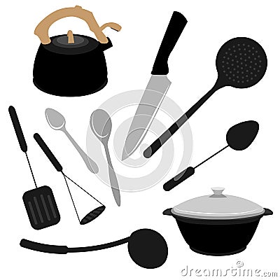 kitchen utensils set flat cutlery spoons forks knife ladle teapot saucepan cooking tools flat style cook equipment Vector Illustration