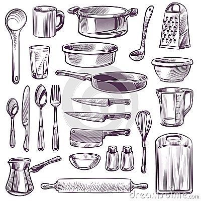 Kitchen utensils. Sketch cooking tools. Pan, knife and fork, spoon and grater, cup and glass, cutting board hand drawing Vector Illustration