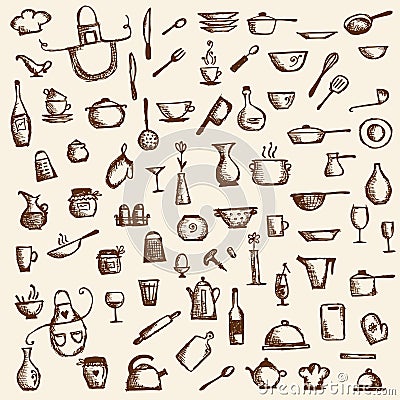 Kitchen utensils, sketch drawing for your design Vector Illustration