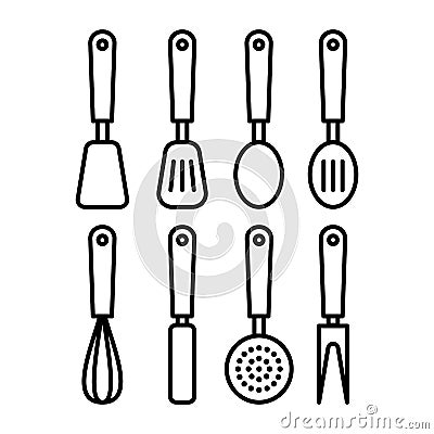 Kitchen utensils line icons set on white background Stock Photo