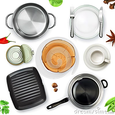 Kitchen utensils, top view vector object Vector Illustration