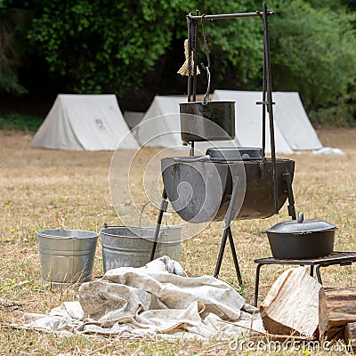 Kitchen utensils at a US civil war camp Stock Photo