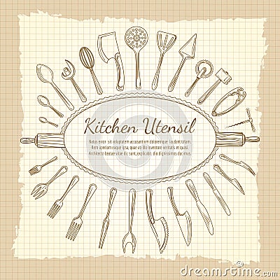 Kitchen vintage background with crockery frame Vector Illustration