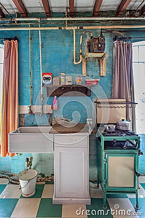 Kitchen and vintage equipment and utensils inside Victorian Workhouse in Southwell, Nottinghamshire, UK Editorial Stock Photo