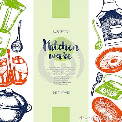 Kitchen Ware - color drawn vintage banner template. Vector Illustration