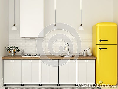 Kitchen with white furniture and a yellow fridge Stock Photo