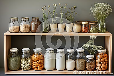 A kitchen white wall with shelves topped with lots of bottles, bowls and jars with spices and products Stock Photo
