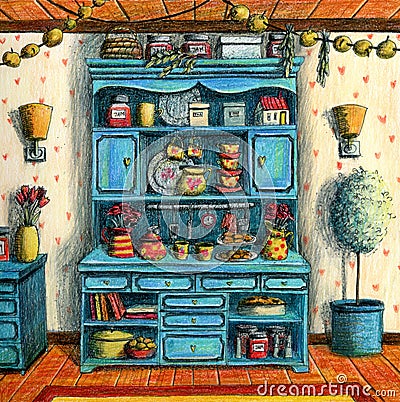 Kitchen witches cupboard with books, cups, plates. Cartoon Illustration