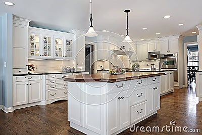 Kitchen with wood top island Stock Photo