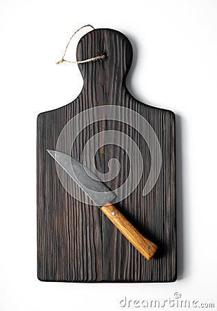 Kitchen wooden board with knife on white background Stock Photo