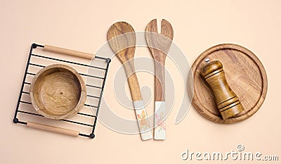 Kitchen wooden items on the table, top view Stock Photo