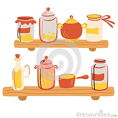 Kitchen wooden shelves with glass jars. Delicious canned food, organic nutrition, homemade preserves, home preservation. Different Vector Illustration