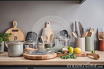 kitchen with zero-waste cooking tools and appliances, including reusable plates and utensils Stock Photo