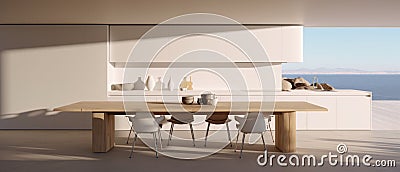 Kitchenroom with dining table set and ocean view in sunrise or sunset by generate AI. Stock Photo