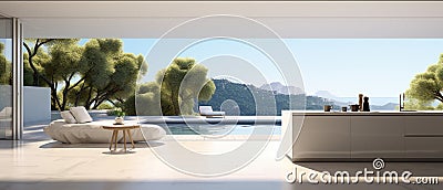 Kitchenroom and ocean view in sunrise or sunset by generate AI. Stock Photo