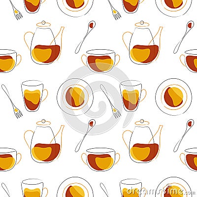 Kitchenware cooking pattern with teapot mug plate fork spoon in doodle style. Vector Illustration