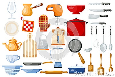 Kitchenware cookware for cooking and kitchen utensils or cutlery for kitchener illustration tableware in kitchenette set Cartoon Illustration