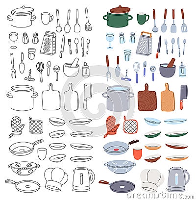 Kitchenware and cutlery. Cooking tools, kitchenware, utensil. Kitchen utensils vertical banner. Ceramic plates, mug, cup Vector Illustration