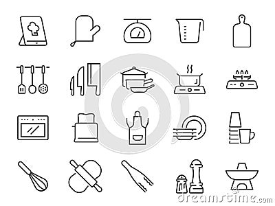 Kitchenware icon set. It included utensils, kitchen, pot, pan, microwave and more icons. Editable Stroke. Vector Illustration