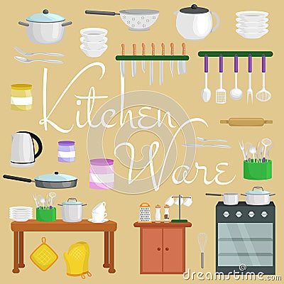 Kitchenware icons vector set.Cartoon kitchen utensil collection for kitchen household cutlery, cooking equipment Vector Illustration