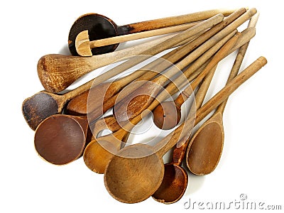 Kitchenware - Old wooden kitchen spoons isolated on white Background Stock Photo